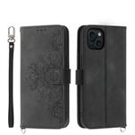 For iPhone 15 Plus Skin-feel Flowers Embossed Wallet Leather Phone Case(Black)