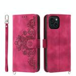For iPhone 15 Skin-feel Flowers Embossed Wallet Leather Phone Case(Wine Red)