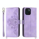 For iPhone 15 Skin-feel Flowers Embossed Wallet Leather Phone Case(Purple)