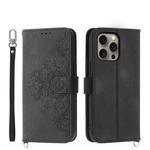 For iPhone 16 Pro Max Skin-feel Flowers Embossed Wallet Leather Phone Case(Black)