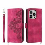 For iPhone 16 Pro Skin-feel Flowers Embossed Wallet Leather Phone Case(Wine Red)