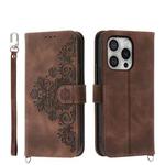 For iPhone 16 Pro Skin-feel Flowers Embossed Wallet Leather Phone Case(Brown)