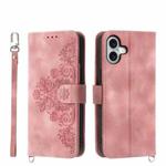 For iPhone 16 Plus Skin-feel Flowers Embossed Wallet Leather Phone Case(Pink)