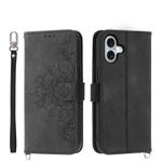 For iPhone 16 Plus Skin-feel Flowers Embossed Wallet Leather Phone Case(Black)