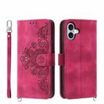 For iPhone 16 Plus Skin-feel Flowers Embossed Wallet Leather Phone Case(Wine Red)