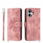 For iPhone 16 Skin-feel Flowers Embossed Wallet Leather Phone Case(Pink)