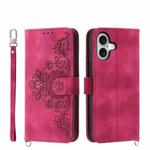 For iPhone 16 Skin-feel Flowers Embossed Wallet Leather Phone Case(Wine Red)