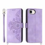 For iPhone SE 2024 Skin-feel Flowers Embossed Wallet Leather Phone Case(Purple)