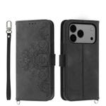 For iPhone 17 Pro Max Skin-feel Flowers Embossed Wallet Leather Phone Case(Black)