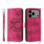 For iPhone 17 Pro Max Skin-feel Flowers Embossed Wallet Leather Phone Case(Wine Red)