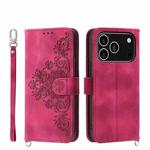 For iPhone 17 Pro Skin-feel Flowers Embossed Wallet Leather Phone Case(Wine Red)