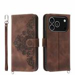 For iPhone 17 Pro Skin-feel Flowers Embossed Wallet Leather Phone Case(Brown)