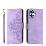 For iPhone 17 Skin-feel Flowers Embossed Wallet Leather Phone Case(Purple)