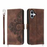For iPhone 17 Skin-feel Flowers Embossed Wallet Leather Phone Case(Brown)