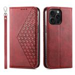 For iPhone 15 Pro Max Cubic Grid Calf Texture Magnetic Leather Phone Case(Red)