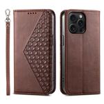 For iPhone 15 Pro Max Cubic Grid Calf Texture Magnetic Leather Phone Case(Brown)