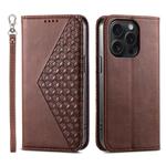 For iPhone 15 Pro Cubic Grid Calf Texture Magnetic Leather Phone Case(Brown)