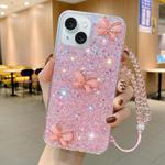 For iPhone 15 Plus Starry Sequin Jade Butterfly Epoxy TPU Phone Case with Strap(Pink)