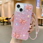 For iPhone 14 Plus Starry Sequin Jade Butterfly Epoxy TPU Phone Case with Strap(Pink)