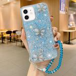 For iPhone 12 Starry Sequin Jade Butterfly Epoxy TPU Phone Case with Strap(Blue)