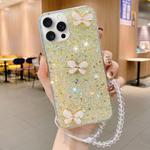 For iPhone 12 Pro Starry Sequin Jade Butterfly Epoxy TPU Phone Case with Strap(Yellow)