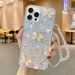 For iPhone 11 Pro Max Starry Sequin Jade Butterfly Epoxy TPU Phone Case with Strap(Silver)