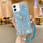 For iPhone 11 Starry Sequin Jade Butterfly Epoxy TPU Phone Case with Strap(Blue)