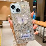 For iPhone 15 Starry Sequin Rhinestones Butterfly Epoxy TPU Phone Case(Silver)