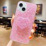 For iPhone 15 Starry Sequin Heart Stand Epoxy TPU Phone Case(Pink)