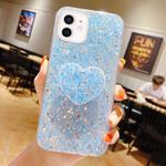 For iPhone 12 Starry Sequin Heart Stand Epoxy TPU Phone Case(Blue)