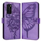 For Huawei P40 Embossed Butterfly Leather Phone Case(Purple)