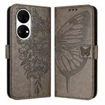 For Huawei P50 Embossed Butterfly Leather Phone Case(Grey)