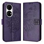 For Huawei P50 Embossed Butterfly Leather Phone Case(Dark Purple)
