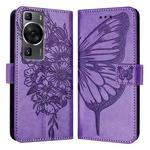 For Huawei P60 / P60 Pro Embossed Butterfly Leather Phone Case(Purple)