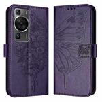 For Huawei P60 / P60 Pro Embossed Butterfly Leather Phone Case(Dark Purple)