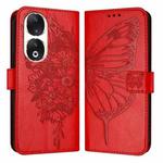 For Honor 90 Embossed Butterfly Leather Phone Case(Red)