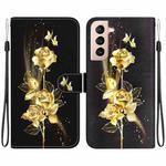 For Samsung Galaxy S21 FE 5G Crystal Texture Colored Drawing Leather Phone Case(Gold Butterfly Rose)