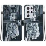 For Samsung Galaxy S21 Ultra 5G Crystal Texture Colored Drawing Leather Phone Case(Cat Tiger Reflection)