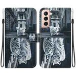 For Samsung Galaxy S22 5G Crystal Texture Colored Drawing Leather Phone Case(Cat Tiger Reflection)