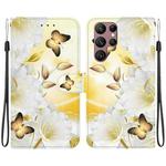 For Samsung Galaxy S22 Ultra 5G Crystal Texture Colored Drawing Leather Phone Case(Gold Butterfly Epiphyllum)