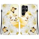 For Samsung Galaxy S24 Ultra 5G Crystal Texture Colored Drawing Leather Phone Case(Gold Butterfly Epiphyllum)