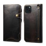 For iPhone 15 Denior Oil Wax Cowhide Magnetic Button Genuine Leather Case(Black)