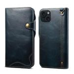 For iPhone 15 Denior Oil Wax Cowhide Magnetic Button Genuine Leather Case(Dark Blue)