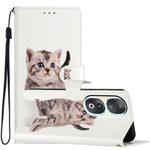 For Honor 90 Colored Drawing Leather Phone Case(Little Tabby Cat)