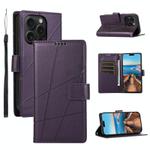 For iPhone 15 Pro Max PU Genuine Leather Texture Embossed Line Phone Case(Purple)