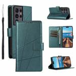 For Samsung Galaxy S21 Ultra 5G PU Genuine Leather Texture Embossed Line Phone Case(Green)