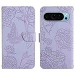 For Google Pixel 9 Pro Skin Feel Butterfly Embossed Flip Leather Phone Case(Purple)