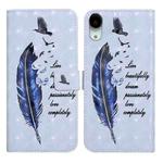 For iPhone XR Oil Embossed 3D Drawing Leather Phone Case(Blue Feather)