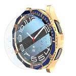 For Samsung Galaxy Watch6 Classic 47mm R960 Electroplate PC Case + Tempered Film + Watch Bezel Ring Set(Blue+Rose Gold)