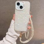 For iPhone 15 Shell Texture Crossbody Pearl Chain TPU Hybrid Acrylic Phone Case(White)